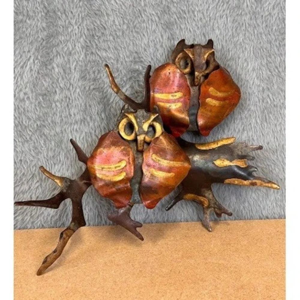 Vintage Brutalist Metal Owl Wall Art Set Copper Brass Mid Century Modern Decor